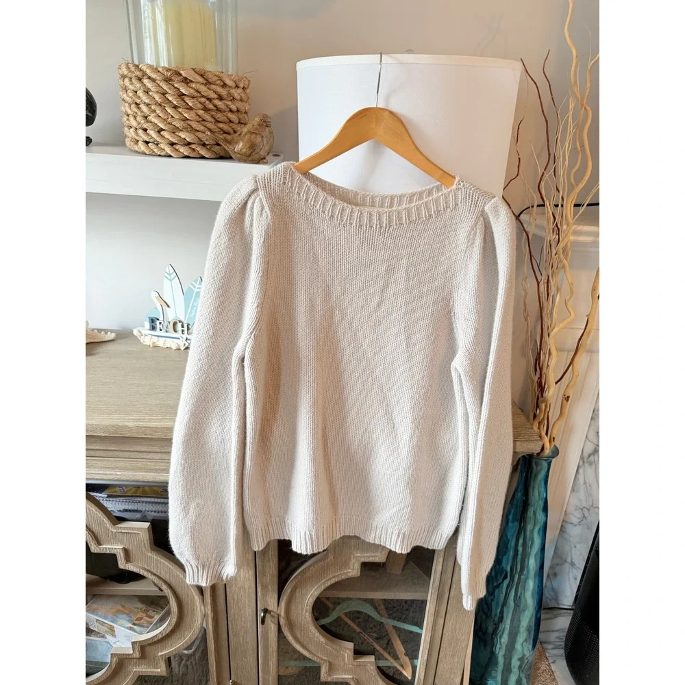 Brochu Walker Cashmere Balloon Sleeve Sweater Womens Beige Medium LUX2536